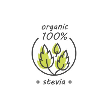 Vektör stevia etiketleri, logolar, rozetleri, simgeler kümesi. Doğal tatlandırıcı tasarım öğesi. İzole organik stevia simgesi.