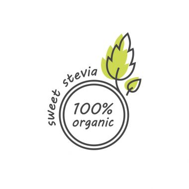 Vektör stevia etiketleri, logolar, rozetleri, simgeler kümesi. Doğal tatlandırıcı tasarım öğesi. İzole organik stevia simgesi.