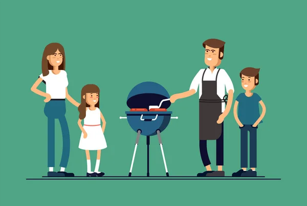 A família feliz em um piquenique está preparando um churrasco ao ar livre. Ilustração vetorial em estilo plano —  Vetores de Stock
