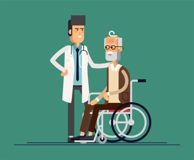 Erkek doktor walker için gitmek büyük annesi yardımcı olur. Yaşlılar için bakım. Vektör çizim