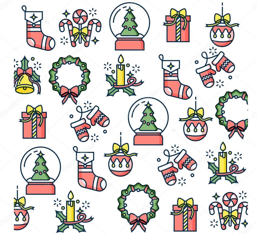 Vector linear design Christmas greetings elements on white background. Winter holidays design elements. Doodle.