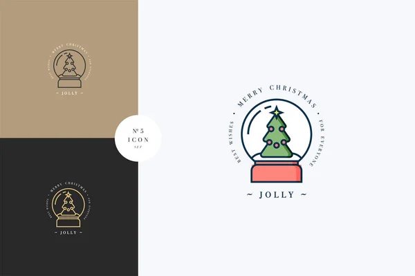 Jolie conception linéaire de Noël avec boule de Noël avec neige. Composition typographique de voeux Cartes de Noël — Image vectorielle
