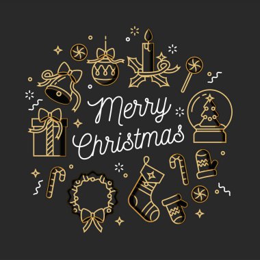 Vektör Lineer tasarım Noel tebrik kartı beyaz arka plan üzerinde. Tipografi ang simgesini Xmas arka plan, afiş veya afiş ve diğer printables.