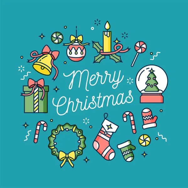 Vector lineaire ontwerp Christmas wenskaart. Typografie ang pictogram voor Xmas achtergrond, banners of affiches en andere printables. — Stockvector