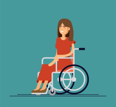 Tekerlekli sandalyede, karikatür vektör düz çizim oturan genç güzel kadın. Mutlu kadın tekerlekli sandalyede oturan özürlü yaşam
