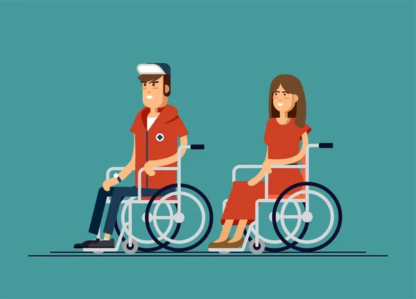 Schattig gehandicapte man en vrouw in een rolstoel zitten. Gehandicapte persoon. Mensen met een handicap — Stockvector