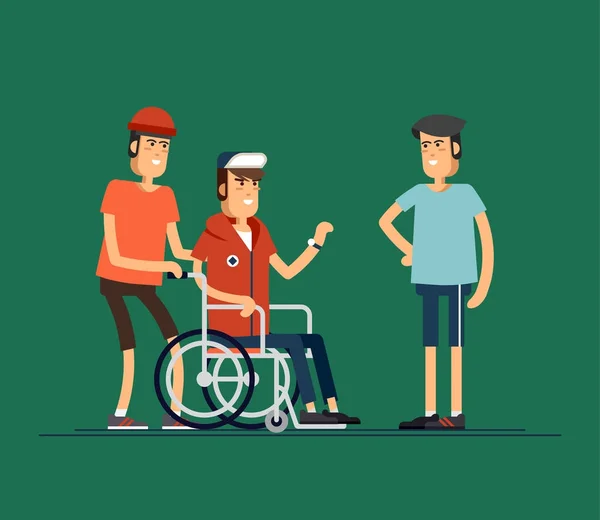 Groupe de jeunes gens heureux communiquent entre eux. Prendre soin des personnes handicapées concept. Iilustration vectorielle — Image vectorielle