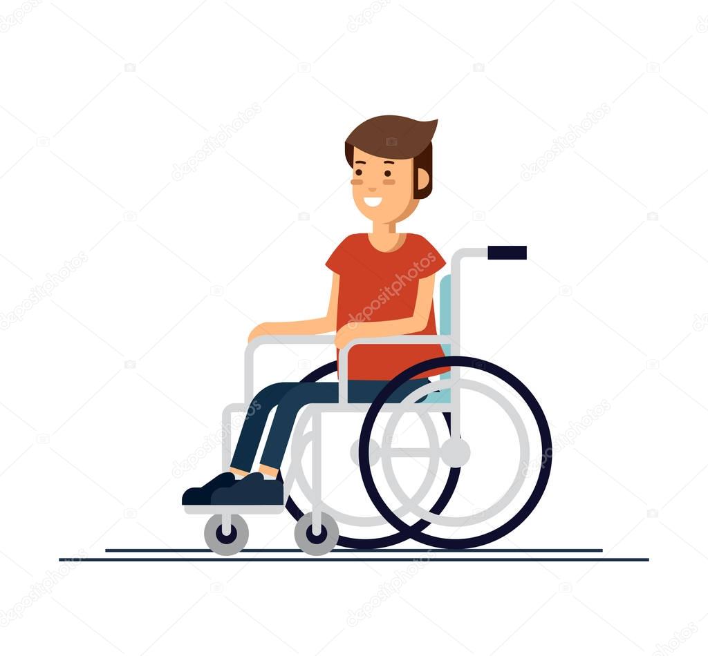 Cute disabled boy kid sitting in a wheelchair. Handicapped person. Flat style cartoon vector illustration.