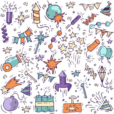 El başımı, yıldızların ve piroteknik ayarla havai fişek simgesini çizin. Festival ve olay, kutlama ve parti. Vektör renkli desen.