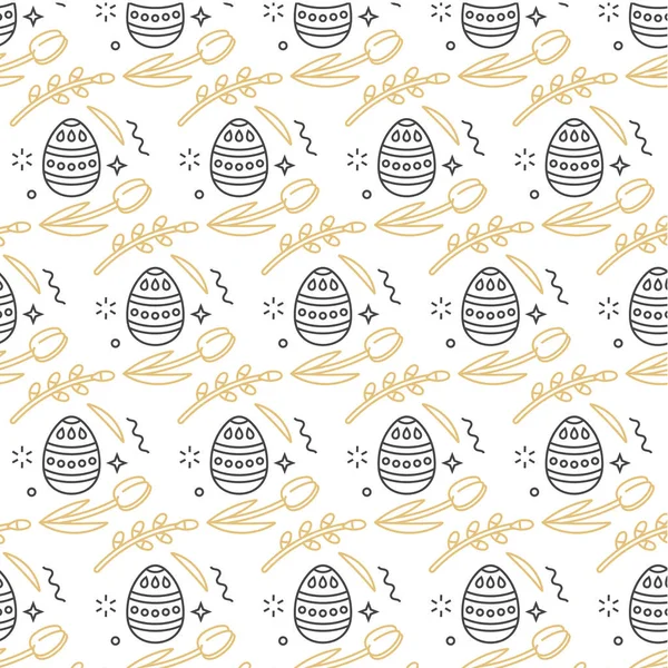 Векторний візерунок з лінійними іконовими квітами та великодніми декоративними яйцями на темно-сірому фоні. Зі святом Великодня. Ілюстрація для обгорткового паперу . — стоковий вектор
