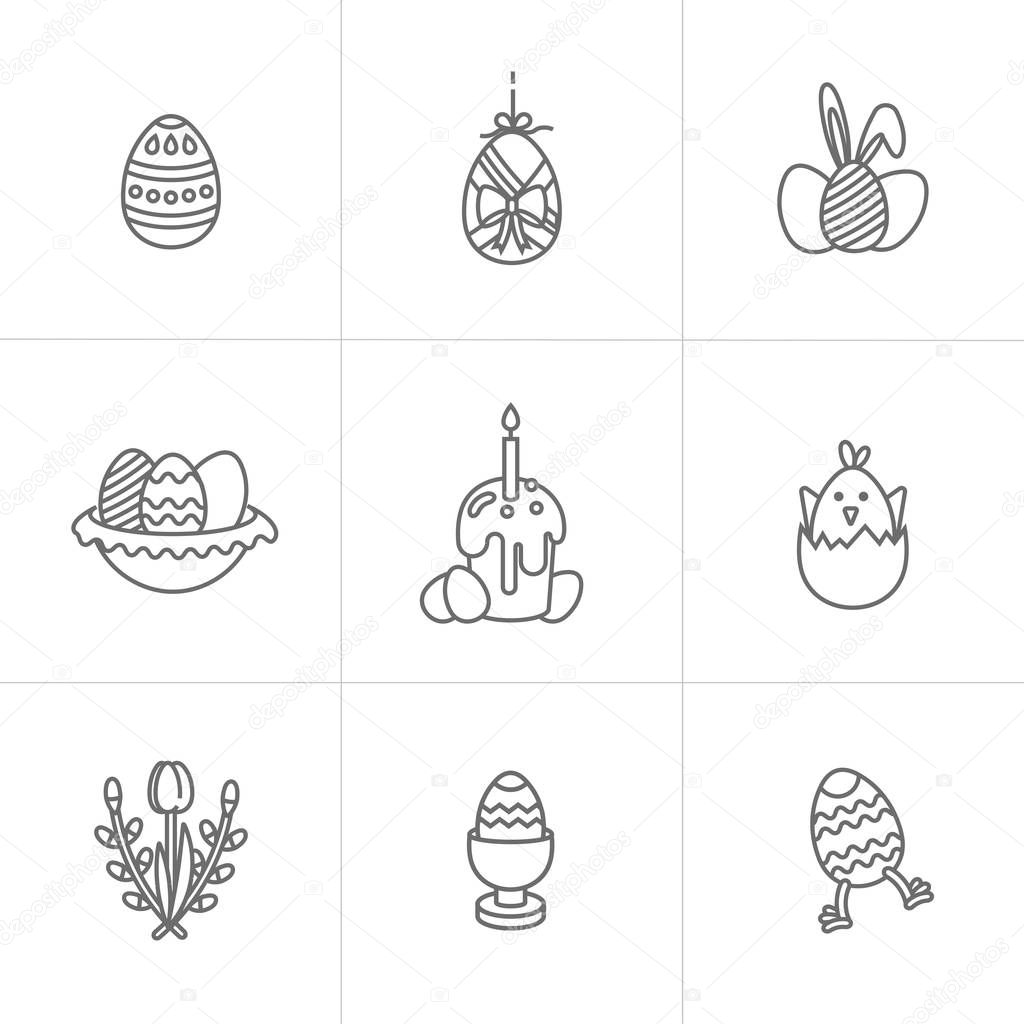 Vector linear design Easter greetings elements. Set of icon for Happy Easter cards, banners or posters and other printables. Spring holidays design elements
