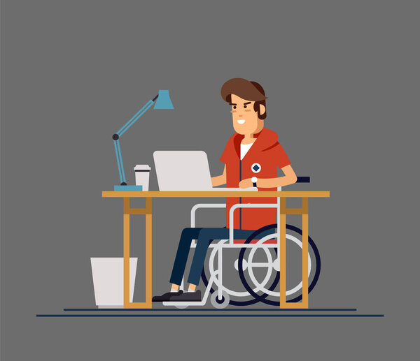 Disabled young man in wheelchair working with computer. Productive online job. Disability, social policy concept