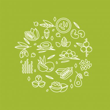 Superfood vektör kavramı. Meyveler, fındık, sebze meyve ve tohumlar. Organik superfoods sağlık için. Detoks ve kilo kaybı takviyeleri.