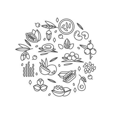 Superfood vektör kavramı. Meyveler, fındık, sebze meyve ve tohumlar. Organik superfoods sağlık için. Detoks ve kilo kaybı takviyeleri.