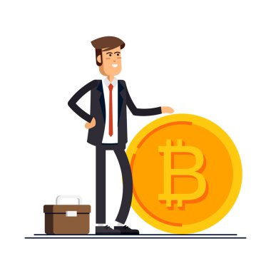 Bitcoin kavramı vektör çizim üzerinde altın bitcon dayalı iş adamı. Online fon ve bitcoin ve blockchain için yatırımlarına. Düz tasarım