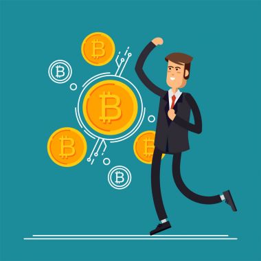 İşadamı atlar Bitcoin kavramı vektör çizimi sevinirsiniz çünkü o bitcoin ve blockchain için yatırımlarına. Düz tasarım