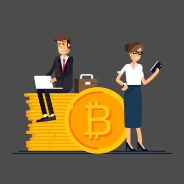 Bitcoin kavramı vektör çizim işadamı ve online fon ve bitcoin ve blockchain için yatırım yapmak için laptop ve smartphone kullanarak iş kadını.