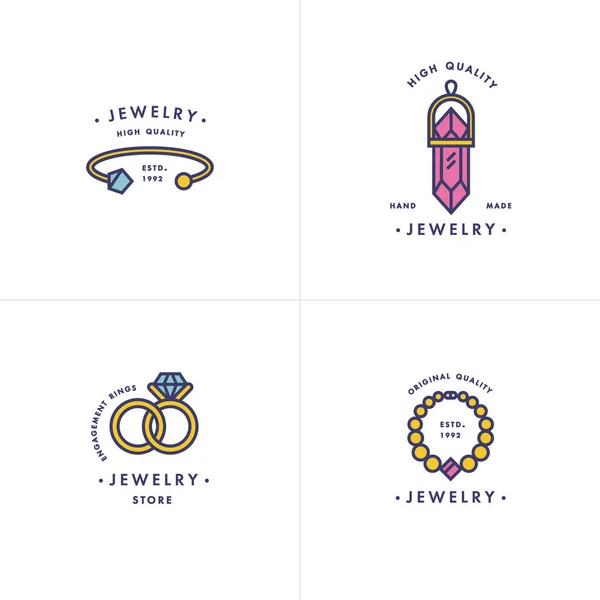 Векторный набор логотипов с ожерельем и драгоценным камнем, обручальные кольца и браслеты в модном линейном стиле в красочных цветах — стоковый вектор