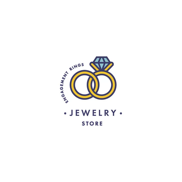 Vector logo with engagement rings with blue gem stone design in trendy linear style in colorful colors