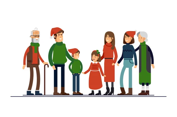 Велика щаслива сім'я в різдвяних капелюхах обіймається. Батьки з дітьми, які стоять разом, тримаючись один за одного . — стоковий вектор