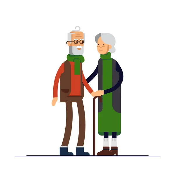 Platte vectorillustratie van bejaarde echtpaar vieren Kerstmis. Familie permanent samen — Stockvector