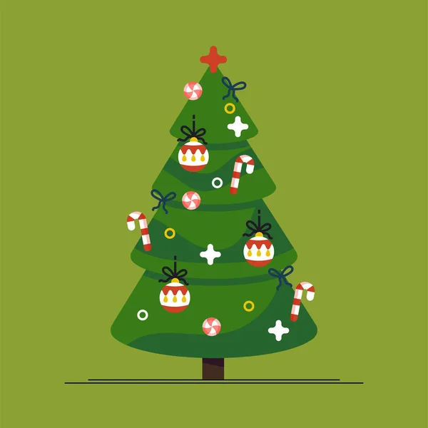 Kerstboom en vakantie. Fir-tree versierd met een ster, ballen en slingers. — Stockvector