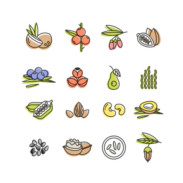 Superfoods linje vector ikoner. Bär, nötter, grönsaker frukter och frön. Ekologiska superfoods för hälsa och kost. — Stock vektor