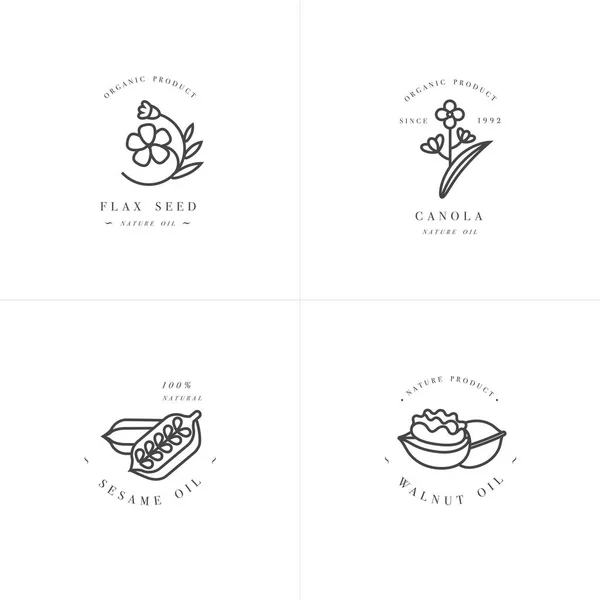 Plantillas y emblemas de diseño de conjuntos vectoriales - aceites saludables y cosméticos - semillas de lino, nuez, sésamo y canola . — Vector de stock