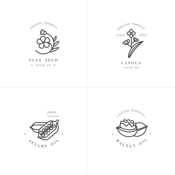 Vector set design templates and emblems - healthy and cosmetics oils - flax seed, walnut, sesame and canola.