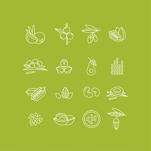 Superfoods línea vectorial iconos. Bayas, frutos secos, verduras, frutas y semillas. Superalimentos orgánicos para la salud y la dieta . — Vector de stock