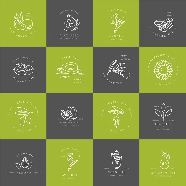 Plantillas y emblemas de diseño de conjuntos vectoriales: aceites saludables y cosméticos. Diferentes aceites naturales y orgánicos . — Vector de stock