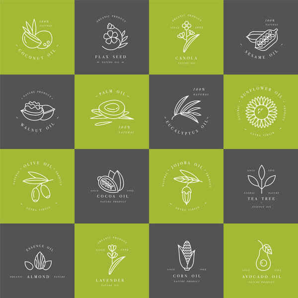 Vector set design templates and emblems - healthy and cosmetics oils. Different natural, organic oils.