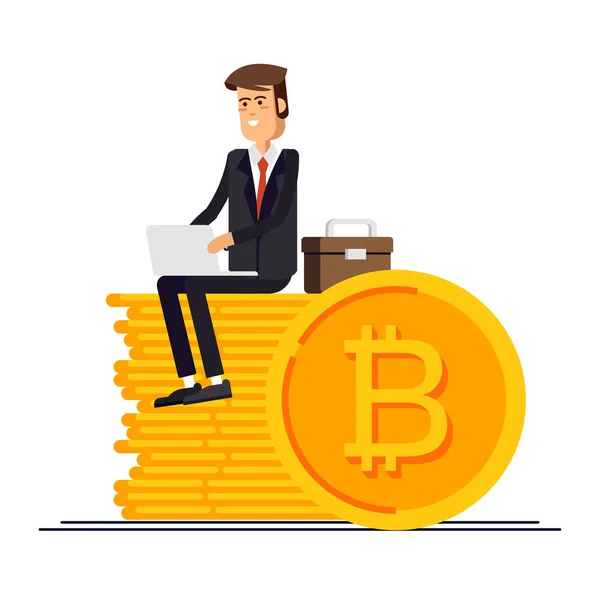 Bitcoin концепція Векторна ілюстрація бізнесмен і підприємець, використовуючи ноутбук і смартфон онлайн фінансування і роблячи інвестиції для bitcoin і blockchain. — стоковий вектор