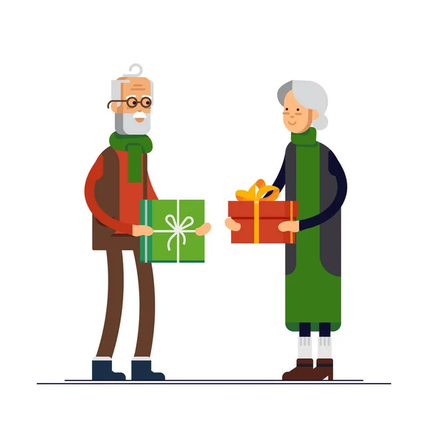 Wektor ilustracja płaskie starszych para obchodzi Boże Narodzenie i dać prezent. Dziadek i babcia gotowy do świętowania — Wektor stockowy