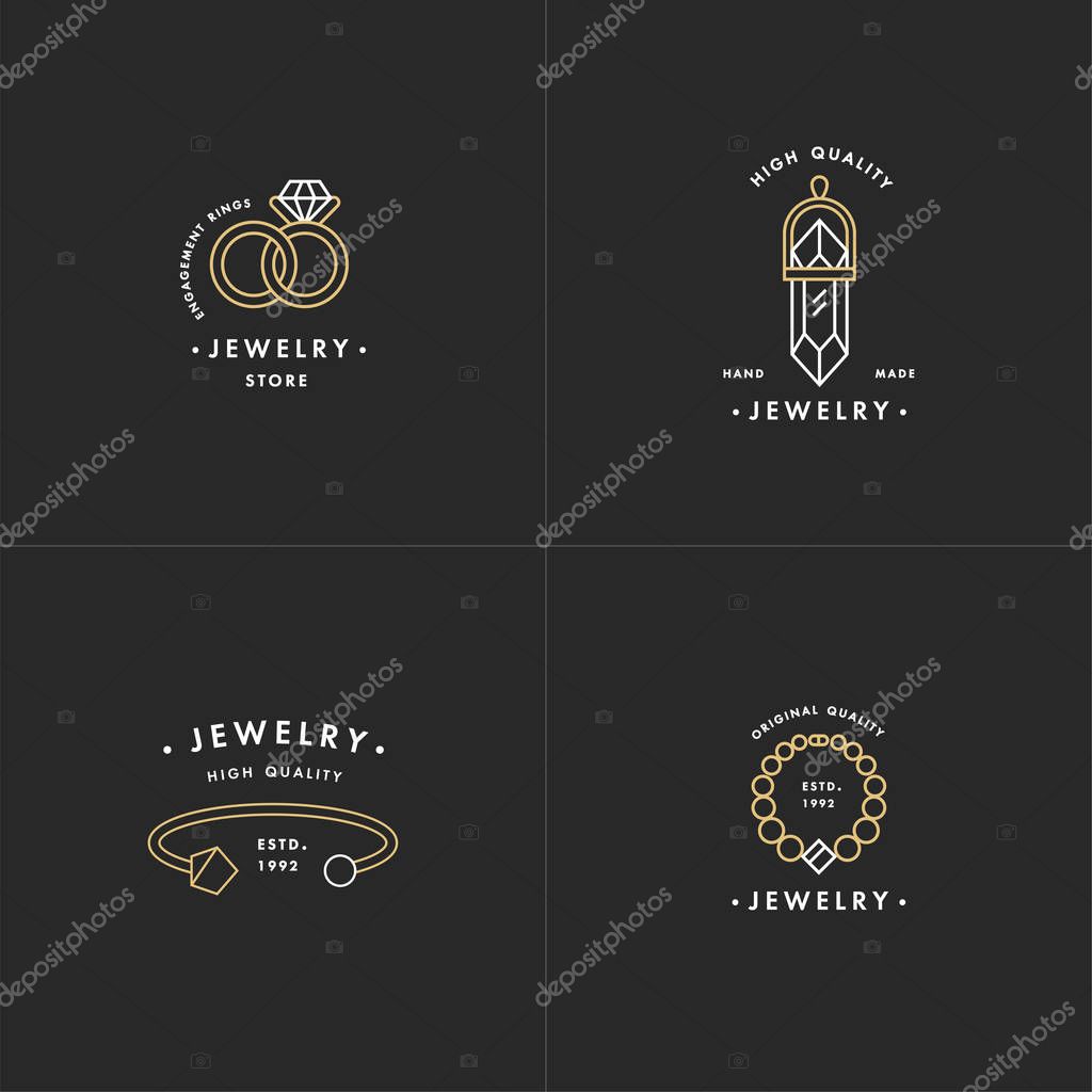 Vector set of logos with necklace and gem stone, wedding rings and bracelet design in trendy linear style in colorful colors - beauty, jewelry and fashion concepts. Golden color