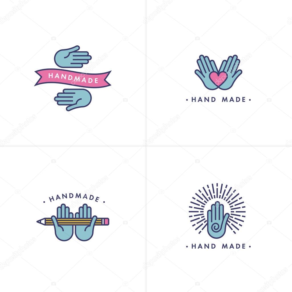 Vector hand made labels and badges in linear trendy style - hand made