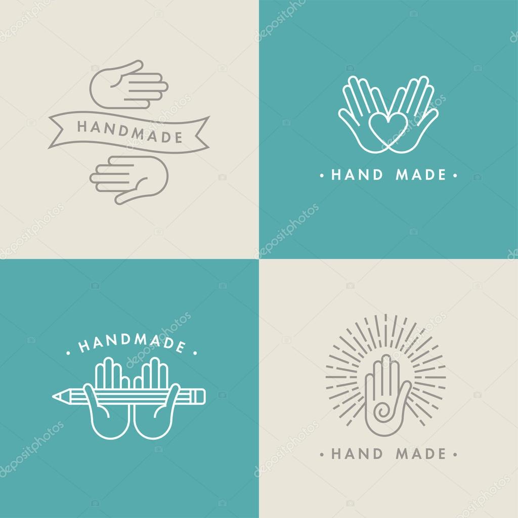 Vector set of hand made labels and badges in linear trendy style - hand made. Hand made logo or icon