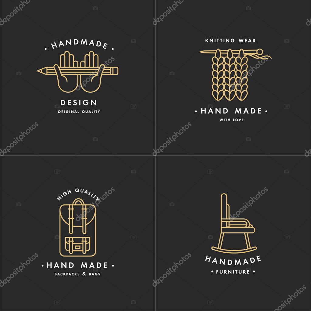 Handmade golden line logos set. Handmade linear badges or handmade outline labels. Knitwear and sewing symbols. Vector illustration
