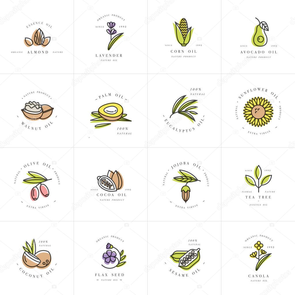 Vector set design templates and emblems - healthy and cosmetics oils. Different natural, organic oils. Logos in trendy linear style