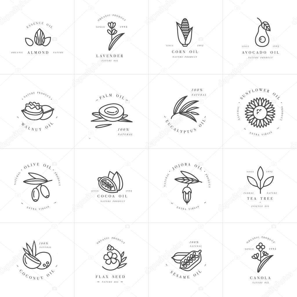 Vector set design templates and emblems - healthy and cosmetics oils. Different natural, organic oils. Logos in trendy linear style