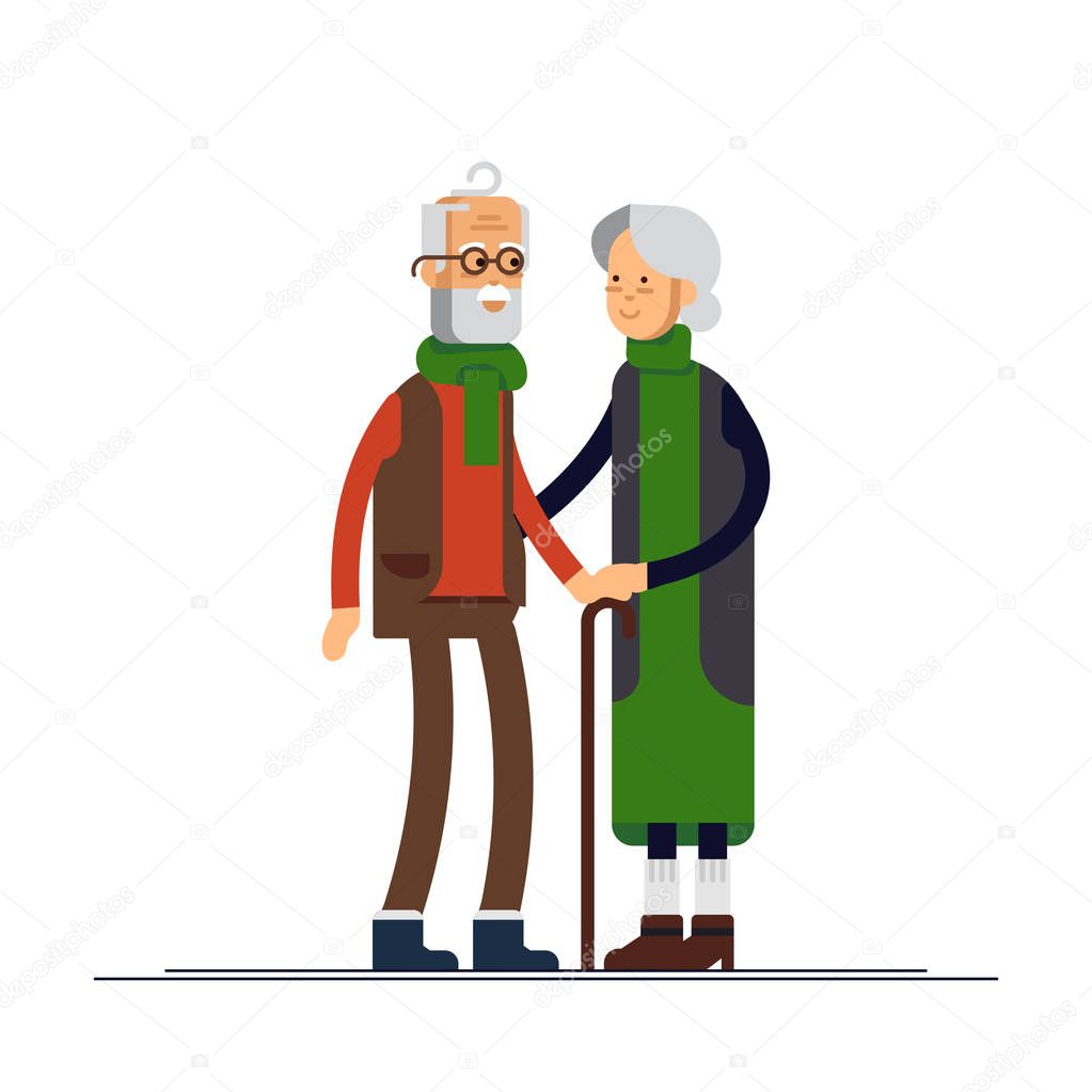 Vector flat illustration of elderly couple celebrating Christmas. Family standing together