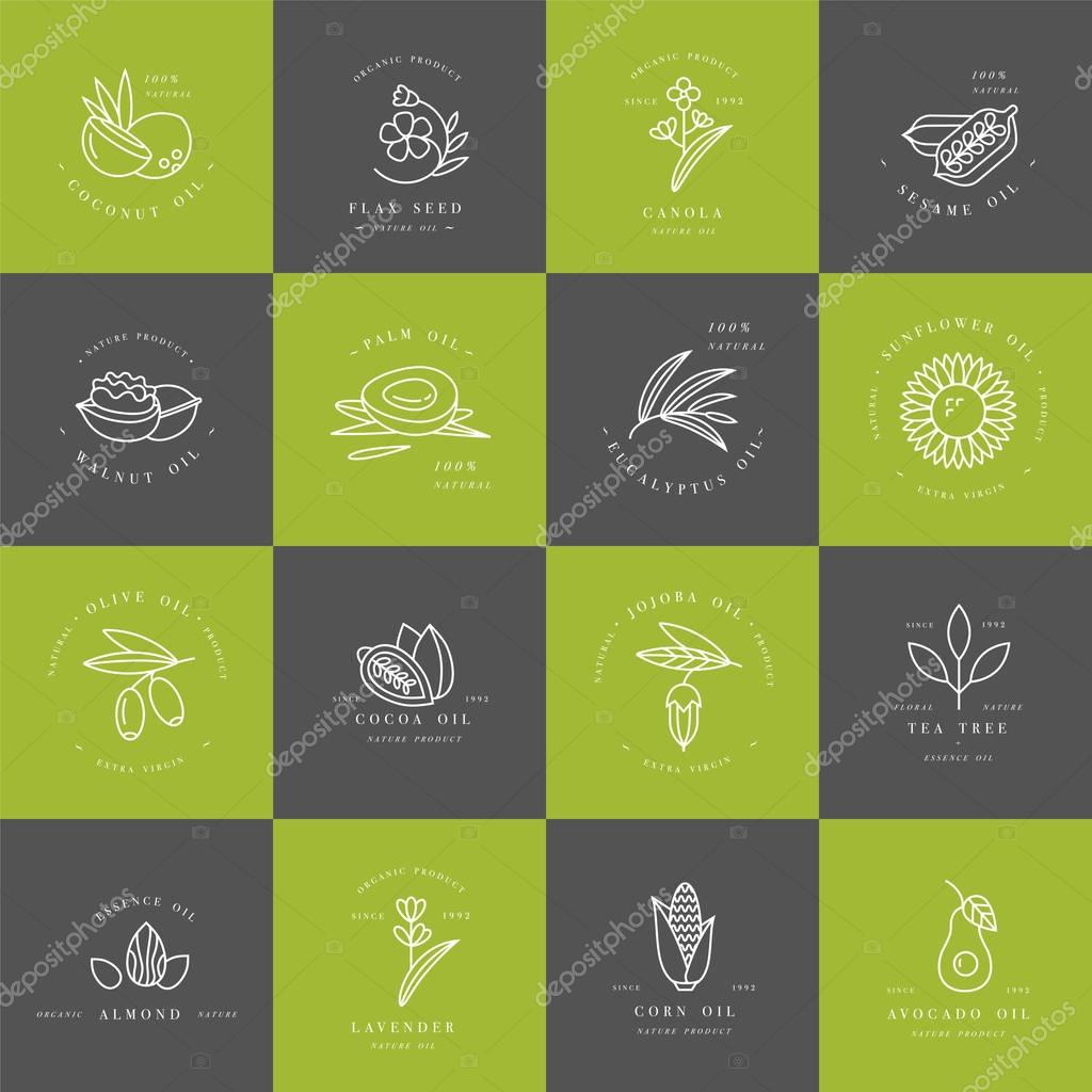 Vector set design templates and emblems - healthy and cosmetics oils. Different natural, organic oils. Logos in trendy linear style