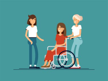 Mutlu genç kadın grup birbirleriyle iletişim kurmak. Engelli İnsanlar kavramı için bakım.