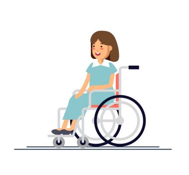 Tekerlekli sandalyede oturan sevimli Engelli kız çocuk. Özürlü kişi. Düz stil karikatür vektör çizim.