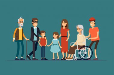 Büyük modern aile vektör düz tasarlamak. Birlikte ayakta akrabaları. Büyükanne, anne, baba, kardeşler.