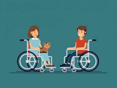 Sevimli engelli çocuk ve kız bir tekerlekli sandalyede oturan çocuk ve köpek yavrusu olanlar üzerinde diz tutun. Özürlü kişi.