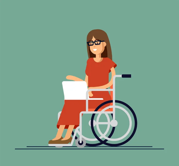 Απενεργοποιημένη η νεαρή γυναίκα στην αναπηρική καρέκλα εργασίας με τον υπολογιστή. Σε απευθείας σύνδεση εργασία και εκκίνησης. Σωματική αναπηρία και κοινωνία. — Διανυσματικό Αρχείο