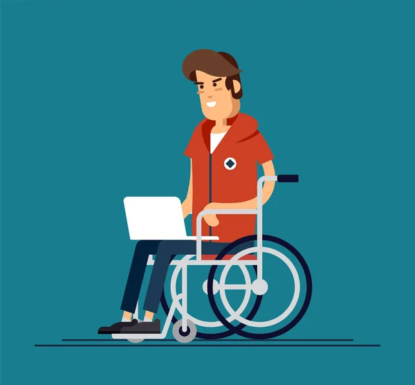 Ein behinderter junger Mann im Rollstuhl arbeitet mit dem Computer. Produktiver Online-Job. Behinderung, sozialpolitisches Konzept — Stockvektor