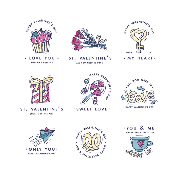 Glückliche Valentinstag Typografie Grüße. Liebeszitate. Skizze linearen Stil Illustration für Valentinstag mit Liebe Personal. Farbenfrohe Ikone. — Stockvektor