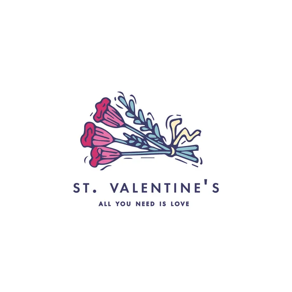Boldog Valentin-nap-üdvözlőlap tipográfia. Szerelem-idézet. Vázlat lineáris rajzos illusztráció a Valentin-nap a csokor virágot. Színes ikon. — Stock Vector